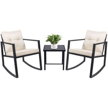 Devoko 3 Piece Rocking Bistro Set Wicker Patio Outdoor Furniture Porch Chairs Conversation Sets with Glass Coffee Table